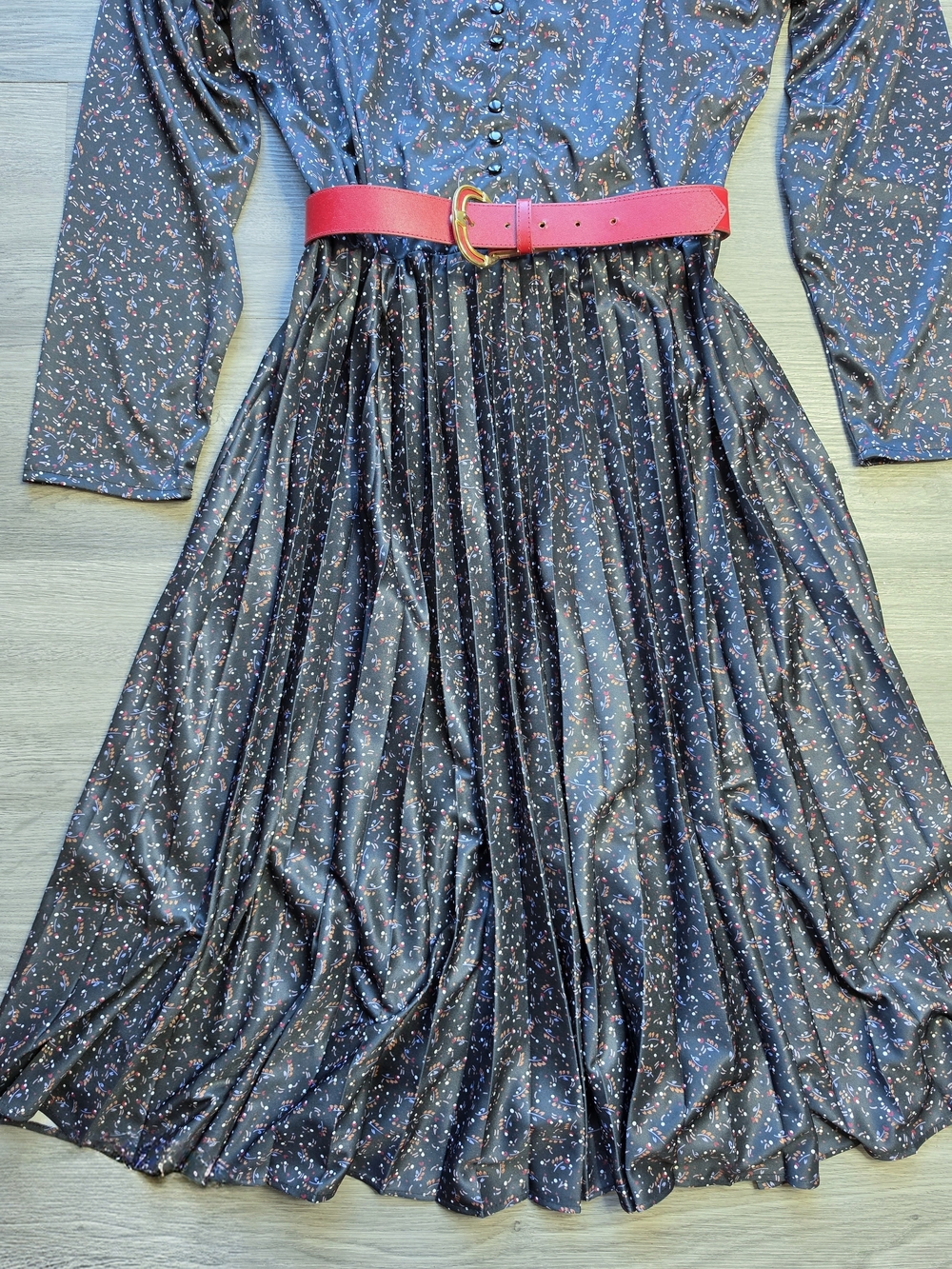 Dark Blue Micro Floral Long-Sleeve Pleated Midi Dress - Picture 4 of 13